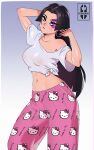  1girl absurdres black_hair breasts crop_top darkiisfernando earrings gradient_background hello_kitty hello_kitty_(character) hello_kitty_print highres jewelry long_hair looking_at_viewer marvel marvel_rivals midriff navel psylocke purple_eyes sanrio shirt simple_background solo tied_shirt white_shirt x-men 
