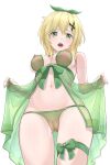  1girl akatsuki_kirika babydoll bare_shoulders blaze_pso2 blonde_hair blush bow breasts cleavage covered_nipples from_below green_eyes green_panties hair_bow hair_ornament lace-trimmed_panties lace_trim lingerie looking_at_viewer medium_breasts navel nipples open_mouth panties see-through senki_zesshou_symphogear simple_background solo standing thighhighs underwear white_background x_hair_ornament 