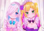  2girls blonde_hair blue_bow blue_eyes blush bow breasts character_request cleavage commentary_request copyright_request frown green_eyes hair_over_one_eye heart highres large_breasts looking_at_viewer maid maid_headdress multiple_girls purple_ribbon red_heart ribbon rouka_(akatyann) twintails virtual_youtuber white_hair 