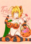  1girl absurdres ahoge bangs bare_shoulders bikini blonde_hair blush braid breasts candy choker cigar_cat cleavage closed_mouth collarbone detached_sleeves fate/extra fate_(series) food food_themed_hair_ornament french_braid green_eyes hair_between_eyes hair_bun hair_intakes hair_ornament hair_ribbon hairband halloween highleg highleg_bikini highres jack-o&#039;-lantern_print large_breasts lollipop long_hair looking_at_viewer nero_claudius_(fate) nero_claudius_(fate)_(all) one_eye_closed orange_bikini orange_legwear orange_ribbon pink_background pumpkin_hair_ornament ribbon sash sitting smile solo striped striped_legwear swimsuit thighhighs thighs wariza 