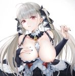  1girl ahoge azur_lane bangs bare_shoulders between_breasts black_dress black_nails blush breasts cl cleavage commentary_request dress earrings eyebrows_visible_through_hair formidable_(azur_lane) frilled_dress frills grey_hair hair_ribbon highres jewelry large_breasts long_hair long_sleeves looking_at_viewer one_breast_out parted_lips partial_commentary red_eyes ribbon rigging simple_background solo twintails two-tone_dress two-tone_ribbon very_long_hair white_background 