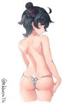  1girl ahoge ass back bangs bare_back black_hair blue_eyes blush breasts butt_crack ebifurya from_behind hat highres kantai_collection looking_at_viewer looking_back matsukaze_(kantai_collection) mini_hat mini_top_hat open_mouth panties short_hair shoulder_blades small_breasts solo standing swept_bangs thigh_gap thighs top_hat topless twitter_username underwear underwear_only wavy_hair white_panties 