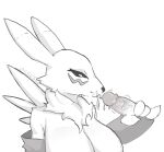 4_fingers anthro arm_tuft armwear artist_name bandai_namco bedroom_eyes big_breasts black_nose black_sclera bodily_fluids breasts bridal_gauntlets claws clothed clothed/nude clothing cum cum_in_mouth cum_inside cum_on_face cum_on_penis curvy_figure digimon digimon_(species) duo eyelashes eyeliner eyeshadow facial_markings female female/female fingers fluffy fur fur_markings genital_fluids genitals handjob happy head_markings hi_res human humanoid_genitalia humanoid_penis long_ears makeup male mammal markings motion_lines narrowed_eyes neck_tuft nude penile penis penis_grab renamon seductive sex shaded shadow shaking shoulder_tuft simple_background smile ssrfex text tremble_lines trembling tuft vein veiny_penis white_background white_body white_fur