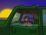 4:3 ambiguous_gender artist_name brown_body brown_fur brown_markings car car_interior car_mirror car_seat closed_window driving driving_car feral fur fur_markings gug_(rain_world) handle hi_res light looking_ahead looking_offscreen markings nonassociatedidiot open_window orange_eyes rain_world scavenger_(rain_world) sea seaside shaded signature sky solo solo_focus star starry_sky sun sunlight sunset text vehicle videocult water window