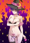  1girl areola_slip areolae ayane_(doa) black_choker black_headwear black_legwear body_writing bow breasts choker cleavage closed_mouth commentary_request condom condom_wrapper covering covering_breasts cowboy_shot crescent dead_or_alive detached_sleeves earrings flower glint gradient gradient_background halloween hat heart holding holding_condom jewelry lace lace-trimmed_legwear large_breasts micro_panties minpei_ichigo navel necklace panties pendant pink_bow pink_flower pink_lips pink_panties purple_background purple_hair red_eyes shaded_face short_hair single_thighhigh skindentation solo star starry_background stomach thighhighs topless trick_or_treat underwear underwear_only v-shaped_eyebrows witch_hat 