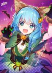  1girl :d ahoge animal_ears bangs bat black_gloves blue_eyes blue_hair braid claw_pose dress fake_animal_ears fangs food_themed_hair_ornament fur-trimmed_gloves fur_trim gloves green_capelet green_dress hair_ornament halloween koyomi_(shironeko_project) looking_at_viewer milcho open_mouth paw_gloves paws polka_dot polka_dot_dress pumpkin_hair_ornament shironeko_project smile solo star star-shaped_pupils symbol-shaped_pupils twin_braids wolf_ears 