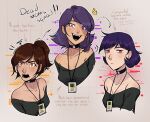  3girls alice_(murder_drones) character_name choker closed_mouth lazydeer06 looking_at_viewer multiple_girls murder_drones nori_(murder_drones) open_mouth purple_eyes purple_hair shirt short_hair short_sleeves simple_background smile yeva_(murder_drones) 