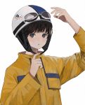  1girl :o absurdres arm_up black_eyes black_hair blush breast_pocket drawstring fingernails goggles goggles_on_headwear helmet highres long_hair looking_at_viewer maoyasumisumi nail_polish original parted_lips pink_nails pocket short_hair simple_background solo white_background yellow_coat 