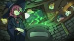  1girl absurdres alternate_costume black_hat bocchi_the_rock! braid broom candle cauldron closed_mouth fang fang_out fire from_below ghuler gotoh_hitori gotoh_hitori_(octopus) green_fire hat highres hiroi_kikuri holding indoors long_hair looking_down night no_pupils purple_eyes purple_hair robe shelf skull split_mouth spoon stone_wall window witch witch_hat wooden_spoon 