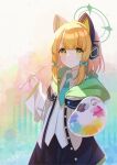  &gt;:) 1girl absurdres animal_ear_headphones animal_ears aqua_bow aqua_necktie black_coat black_skirt blonde_hair blue_archive blunt_bangs bow buttons cat_ears chinese_commentary coat collared_shirt colorful_background commentary_request fake_animal_ears green_coat green_eyes green_halo hair_bow halo headphones highres holding holding_brush holding_paint_palette looking_at_viewer medium_hair midori_(blue_archive) multicolored_coat necktie open_clothes open_coat paint_palette shirt short_necktie simple_background skirt solo tareme two-sided_coat two-sided_fabric v-shaped_eyebrows white_coat white_shirt ximilulu 
