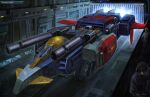  1girl 2boys absurdres artist_request canards cannon caterpillar_tracks core_fighter g-fighter gundam gundam_perfect_file hangar helmet highres launching machinery mass mecha_pilot_suit mobile_suit_gundam multiple_boys official_art realistic science_fiction shield spacecraft starfighter thrusters 