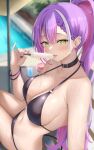  1girl absurdres bikini black_bikini black_collar black_nails blurry blurry_background blush braid braided_bangs breasts cleavage collar colored_inner_hair commentary_request day demon_girl demon_tail double-parted_bangs food food_on_body food_on_breasts gradient_hair green_eyes hair_between_eyes halterneck highres holding holding_food holding_popsicle hololive large_breasts licking long_hair looking_at_viewer multicolored_hair nail_polish navel navel_piercing official_alternate_hairstyle outdoors piercing pink_hair pointy_ears ponytail pool popsicle purple_hair shinigami_kiraki sitting solo streaked_hair string_bikini swimsuit tail tokoyami_towa tongue tongue_out virtual_youtuber 