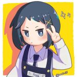  1girl apron black_apron black_hair blue_eyes bob_cut bradley_hana collared_shirt dot_nose hair_ornament hairpin inverted_bob jitome long_sleeves looking_at_viewer non_ni_1111 o_o pixie_cut shadow shirt solo sparkle twitter_username two-tone_background v white_shirt youchien_wars 