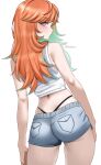  1girl absurdres alternate_costume ass black_panties blue_shorts blush closed_mouth colored_inner_hair commentary contrapposto cowboy_shot denim denim_shorts from_behind gradient_hair green_hair helldeer highleg highleg_panties highres hololive hololive_english long_hair looking_at_viewer looking_back multicolored_hair orange_hair panties panty_straps profile purple_eyes shorts simple_background solo standing streaked_hair sweat takanashi_kiara tank_top twitter_username two-tone_hair underwear virtual_youtuber whale_tail_(clothing) white_background white_tank_top 