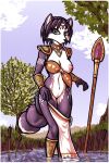  anthro armor blue_eyes breasts canid canine clothing female fox fur greaves hi_res jewelry krystal looking_at_viewer luraiokun mammal multicolored_body multicolored_fur navel necklace nintendo nipples one_breast_out outside pussy solo staff star_fox tree two_tone_body two_tone_fur vambraces video_games wardrobe_malfunction water 