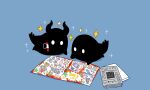  0_0 blue_background highres horns hoshikui magazine_(object) multiple_others newspaper no_humans original shoutarou_(shoutarotttt) simple_background sparkle white_eyes 