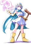  1girl aqua_cape belt blue_gemstone boots breasts brown_belt cape circlet commentary_request dragon_quest dragon_quest_iii dress elbow_gloves floating_cape floating_hair full_body gem gloves gold_circlet highres holding holding_staff ikaringo_(ikaringo4444) index_finger_raised looking_to_the_side magic medium_breasts parted_lips red_eyes sage_(dq3) solo staff strapless strapless_dress white_background white_dress yellow_boots yellow_gloves 