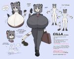 2025 anthro big_breasts bra_lines breasts business_suit businesswear cleavage clothed clothing felid feline female fur grey_hair hair heart_symbol hi_res huge_breasts hyper hyper_breasts kilinah leg_markings leopardus mammal markings mature_female model_sheet necktie ocelot priscilla_(kilinah) smile socks_(marking) solo suit suitcase text thick_thighs white_body white_fur wide_hips