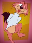 2024 anthro artist_name black_eyes black_nose black_tail choo-choo_(top_cat) clothing digital_media_(artwork) domestic_cat felid feline felis fur gavanzude hands_behind_back hanna-barbera hi_res looking_at_viewer male mammal multicolored_body multicolored_fur one_eye_closed pink_body pink_fur pink_tail pose raised_leg smile solo sweater tail tan_body tan_fur text tongue tongue_out top_cat_(series) topwear two_tone_body two_tone_fur two_tone_tail whiskers white_clothing white_sweater white_topwear wink