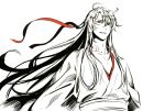  1boy ahoge beaugi chinese_clothes collarbone floating_hair greyscale hair_down hair_ribbon half_updo hanfu highres long_hair looking_at_viewer male_focus modao_zushi monochrome official_alternate_hairstyle parted_lips pectoral_cleavage pectorals red_eyes red_ribbon ribbon robe sash sidelocks simple_background smile solo spot_color upper_body very_long_hair wei_wuxian wei_wuxian_(yiling_laozu) white_background 