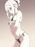  1girl asutora asutora-chan bikini black-framed_eyewear black_bikini blue_eyes breasts brown_background closed_mouth commentary_request glasses gradient_background highres looking_at_viewer medium_breasts mole mole_under_eye navel original short_hair side-tie_bikini_bottom sidelocks solo swimsuit white_hair 
