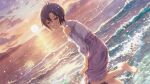  1girl antenna_hair barefoot beach black_hair blush commentary_request dutch_angle floral_print_skirt game_cg grin hair_between_eyes idolmaster idolmaster_(classic) idolmaster_million_live! idolmaster_million_live!_theater_days kikuchi_makoto kikuchi_makoto_(private_dress) light_particles looking_at_viewer official_art outdoors purple_skirt shirt short_hair skirt skirt_hold smile solo standing sunset third-party_source water white_shirt 