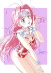  1girl absurdres artist_name belt birthday border breasts cleavage commentary cowboy_shot dated dutch_angle green_eyes groin hair_intakes hand_on_own_thigh hand_up headband highres leaning_forward leotard long_hair macross macross_7 mylene_jenius open_mouth outside_border pink_background pink_hair purple_belt red_leotard shoulder_pads signature simple_background small_breasts smile solo standing thighhighs v very_long_hair white_border white_headband wristband yoshinaga_masahiro 
