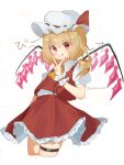  1girl :d ascot blonde_hair cowboy_shot crystal crystal_wings edamanecha flandre_scarlet frilled_shirt_collar frilled_skirt frills hair_between_eyes hat hat_ribbon highres looking_at_viewer mob_cap one_side_up open_mouth puffy_short_sleeves puffy_sleeves red_eyes red_ribbon red_skirt red_vest ribbon shirt short_hair short_sleeves side_ponytail simple_background skirt skirt_set smile solo standing thigh_strap touhou vest white_background wings wrist_cuffs yellow_ascot 