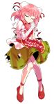  1girl bandaged_arm bandages breasts bun_cover closed_eyes closed_mouth commentary dairi double_bun flower full_body green_skirt hair_between_eyes hair_bun hand_up ibaraki_kasen knees_together_feet_apart large_variant_set medium_breasts medium_hair pink_flower pink_hair print_tabard puffy_short_sleeves puffy_sleeves red_ribbon red_shoes red_tabard ribbon shirt shoes short_sleeves skirt solo standing sweatdrop tabard tachi-e thighs torn_clothes torn_shirt torn_skirt torn_tabard touhou variant_set white_shirt 