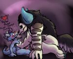 anthro black_body black_fur blue_body blush blush_lines bodily_fluids breath chest_grab claws cryptid curved_penis duo erection fur genital_fluids genitals hair heart_symbol horn kobold leaking_precum male male/male nude onomatopoeia penis pink_penis precum purple_hair quill_(whattheflix) scalie simple_background size_difference sound_effects squish swallowing tail tail_motion tailwag text whattheflix