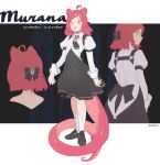  1girl ahoge animal_ears black_bow black_dress bow cat_ears cat_girl collared_shirt commentary dnaitari dress english_commentary full_body hair_bow highres long_hair long_sleeves looking_at_viewer murana_(dnaitari) open_mouth original pink_hair shirt smile standing tentacle_tail white_shirt yellow_eyes 