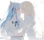  2girls animal_ears arthur_c bang_dream! bang_dream!_it&#039;s_mygo!!!!! black_ribbon blonde_hair blue_hair cat_ears cat_girl cat_tail chinese_commentary closed_eyes commentary_request dog_ears dog_girl dog_tail hair_ribbon highres kemonomimi_mode kiss long_hair long_sleeves medium_hair misumi_uika multiple_girls neck_ribbon ribbon shirt short_sleeves sidelocks tail togawa_sakiko two_side_up white_shirt yellow_eyes yuri 