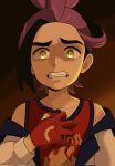  1boy black_hair clenched_teeth clutching_chest collarbone commentary_request highres jacket kieran_(pokemon) looking_at_viewer male_focus mole mole_on_neck multicolored_hair nakikot_t off_shoulder pokemon pokemon_sv purple_hair red_shirt shirt sleeveless sleeveless_shirt solo sweat teeth two-tone_hair upper_body white_jacket yellow_eyes 