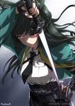  1girl animal_ear_fluff animal_ears aqua_jacket black_hair black_necktie blunt_bangs collared_shirt fingerless_gloves fox_ears fox_girl gloves highres holding holding_sword holding_weapon hoshimi_miyabi jacket katana long_hair necktie puchikun red_eyes shirt single_fingerless_glove sword upper_body weapon white_shirt zenless_zone_zero 