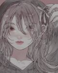  1girl brown_hair closed_mouth commentary_request earrings hair_between_eyes hair_ribbon highres hood hoodie jewelry long_hair nisiki_0 original pink_background ribbon simple_background solo upper_body 