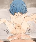  1boy 1girl afterimage ankle_grab arm_support berserk blue_hair body_freckles breasts butterchalk commentary completely_nude covered_eyes drooling english_commentary facing_viewer freckles hair_over_eyes hetero isma legs_up motion_lines navel nipples nude penis pov pov_crotch pov_hands saliva sex short_hair sitting sketch small_breasts solo_focus spread_legs sweat uncensored wide_spread_legs 