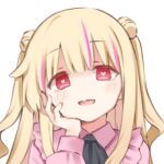  1girl bad_link blonde_hair heart heart-shaped_pupils little_witch_nobeta long_hair long_sleeves looking_at_viewer lowres multicolored_hair nobeta nobeta_(land_mine_girl_skin) official_art open_mouth pink_shirt portrait red_eyes shirt simple_background solo symbol-shaped_pupils transparent_background two-tone_hair 