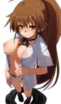  1girl black_ribbon blush breasts brown_eyes brown_hair from_above fu-ta highres large_breasts long_hair multicolored_panties naked_shirt navel neck_ribbon nipples no_bra open_clothes open_shirt opened_by_self panties ponytail ribbon shirt simple_background solo stomach taneshima_popura underwear white_background white_shirt working!! 
