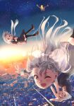  1boy 2girls bad_id bad_twitter_id bk_mru black_dress black_socks blue_necktie blush bow bowtie braid brown_shoes cityscape closed_eyes dress earrings falling gradient_sky grey_hair hair_floating_upwards highres hisakawa_hayate hisakawa_nagi idolmaster idolmaster_cinderella_girls jacket jewelry lens_flare loafers long_hair long_sleeves looking_at_viewer low_twintails midair multiple_girls necktie one_eye_closed outdoors outstretched_arms over-kneehighs own_hands_clasped own_hands_together p-head_producer praying producer_(idolmaster) red_bow red_bowtie shoes siblings side_braid sisters sky skyline smile socks star_(sky) starry_sky suit suit_jacket sunlight sunset thighhighs twins twintails w white_sleeve_cuffs 