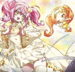  2girls absurdly_long_hair amulet_dia bare_arms bare_shoulders boots brown_hair chibi clothing_cutout collared_dress dia_(shugo_chara!) diamond_hair_ornament dot_nose dress eyelashes floating frilled_sleeves frills guardian_chara hairband hashtag-only_commentary head_tilt headset heart heart_hands highres hinamori_amu humpty_lock_(shugo_chara!) idol juliet_sleeves knee_boots lace-trimmed_hairband lace_trim lapels light_blush light_particles long_hair long_sleeves looking_at_another magical_girl min_(bibbibtobib) multiple_girls notched_lapels one_eye_closed open_mouth pink_hair pleated_dress puffy_sleeves sailor_collar shirt short_dress short_twintails shoulder_cutout shugo_chara! skirt skirt_set sleeveless sleeveless_shirt smile sparkle teeth twintails upper_teeth_only very_long_hair white_boots white_hairband white_sailor_collar yellow_background yellow_dress yellow_eyes yellow_hairband yellow_shirt yellow_skirt yellow_theme 