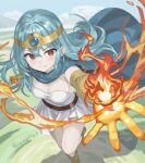  1girl belt blue_cape blue_gemstone blue_hair blue_sky boots breasts brown_belt cape circlet cleavage clenched_hand cloud commentary_request day dragon_quest dragon_quest_iii dress elbow_gloves fire floating_clothes floating_hair from_above gem gloves gold_circlet grass knee_up long_hair looking_to_the_side magic medium_breasts meno_forte open_hand outdoors pyrokinesis red_eyes sage_(dq3) sky smile solo strapless strapless_dress white_dress yellow_boots yellow_gloves 