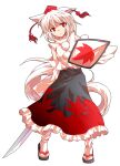  1girl alphes_(style) animal_ears closed_mouth commentary_request dairi defeat detached_sleeves full_body hat highres holding holding_shield holding_sword holding_weapon inubashiri_momiji katana large_variant_set leaf_print long_skirt maple_leaf_print messy_hair parody pom_pom_(clothes) red_eyes sandals shield skirt solo standing straight-on style_parody sword tachi-e tail tokin_hat touhou transparent_background variant_set weapon white_hair white_tail wolf_ears wolf_girl wolf_tail 