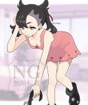  1girl absurdres bent_over black_boots black_hair blurry blurry_background boots closed_mouth commentary_request downblouse dress earrings eyelashes green_eyes hair_ribbon hands_up highres holding jewelry knees looking_down marnie_(pokemon) pink_dress pokemon pokemon_swsh red_ribbon ribbon rurihikop sleeveless sleeveless_dress solo twitter_username watermark 