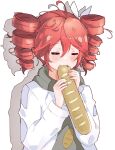  1girl :3 absurdres ahoge baguette blush bread closed_eyes coat ddrawins drill_hair eating food grey_sweater hair_between_eyes highres holding holding_food kasane_teto kasane_teto_(sv) long_sleeves open_clothes open_coat red_hair science_(synthesizer_v) shadow simple_background solo sweater synthesizer_v transparent_background twin_drills upper_body utau white_coat 