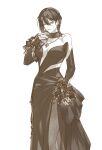  1girl absurdres bare_shoulders breasts breasts_apart chain chain_necklace chinese_commentary clothing_cutout collarbone commentary cupcake deren_(eclat_eminence)_(path_to_nowhere) deren_(path_to_nowhere) detached_collar detached_sleeves dress earrings feet_out_of_frame food hair_behind_ear hair_between_eyes heart heart_necklace highres holding holding_food holding_wallet jewelry linea_alba looking_at_food looking_down medium_breasts miaotae monochrome multiple_necklaces nail_polish necklace nervous official_alternate_costume path_to_nowhere ring side_slit simple_background single_sidelock sleeves_past_wrists solo stomach_cutout strapless strapless_dress sweat wallet 