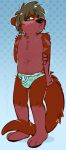  2019 anthro black_nose blush bulge clothed clothing crownedvictory fur green_eyes hands_behind_back hi_res lutrine male mammal mustelid red_body red_fur sauksauk shy solo standing topless underwear 