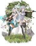  2girls absurdres alternate_universe anoreika_tomoe armor black_boots black_hairband boots cape commentary elf firefly_(honkai:_star_rail) green_cape green_skirt green_thighhighs grey_hair hairband highres holding holding_sword holding_weapon honkai:_star_rail honkai_(series) long_hair multiple_girls pointy_ears purple_eyes shirt skirt stelle_(honkai:_star_rail) sword thigh_boots thighhighs trailblazer_(honkai:_star_rail) weapon white_shirt yellow_eyes 