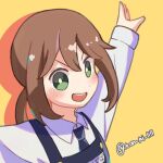  1girl :d apron arms_up black_apron black_necktie brown_hair collared_shirt green_eyes long_bangs long_sleeves looking_at_viewer name_tag necktie non_ni_1111 ponytail rita_(youchien_wars) shadow shirt simple_background smile solo twitter_username yellow_background youchien_wars 