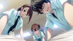  1boy 2girls aqua_eyes arm_support bent_over black_hair black_shirt blue_bow blue_necktie blue_stripes blurry blurry_foreground book bow breast_pocket breasts brown_eyes brown_hair ceiling ceiling_light chest_bow chuo_tanegashima_high_school_uniform collared_shirt cropped_shirt from_below fukuda_tomonori game_cg glasses green_eyes hair_between_eyes hair_tie hidaka_subaru high_ponytail highres id_card indoors jaxa lanyard long_hair looking_down multiple_girls necktie nervous nervous_sweating official_art open_collar open_mouth pocket ponytail ponytail_with_braided_base robotics;notes sailor_collar school_uniform senomiya_akiho shiny_eyes shiny_lips shirt short_hair short_sleeves shoulder_boards small_breasts smile sweat t-shirt tennouji_nae tennouji_nae_(robotics;notes) tongue twintails white_sailor_collar white_shirt 