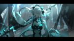  1girl absurdres aoku_mire black_bow bow fate/grand_order fate_(series) hair_between_eyes hair_bow highres long_hair long_sleeves morgan_le_fay_(fate) morgan_le_fay_(third_ascension)_(fate) polearm ponytail rain solo spear spikes tiara weapon white_hair 
